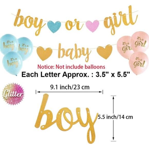 Baby Gender Reveal Decorations - Glitter Letters Baby & Boy or Girl with Banners - Picture 4 of 7